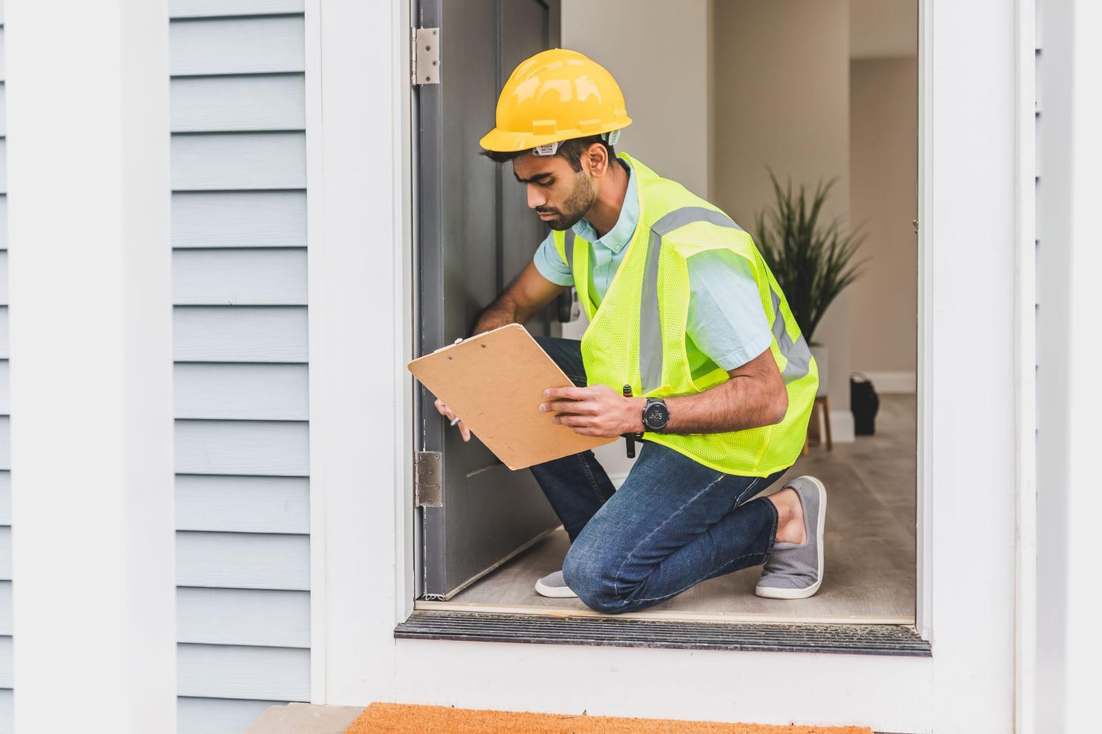 A technician in a hi-vis vest inspecting a doorway and entry point with a clipboard